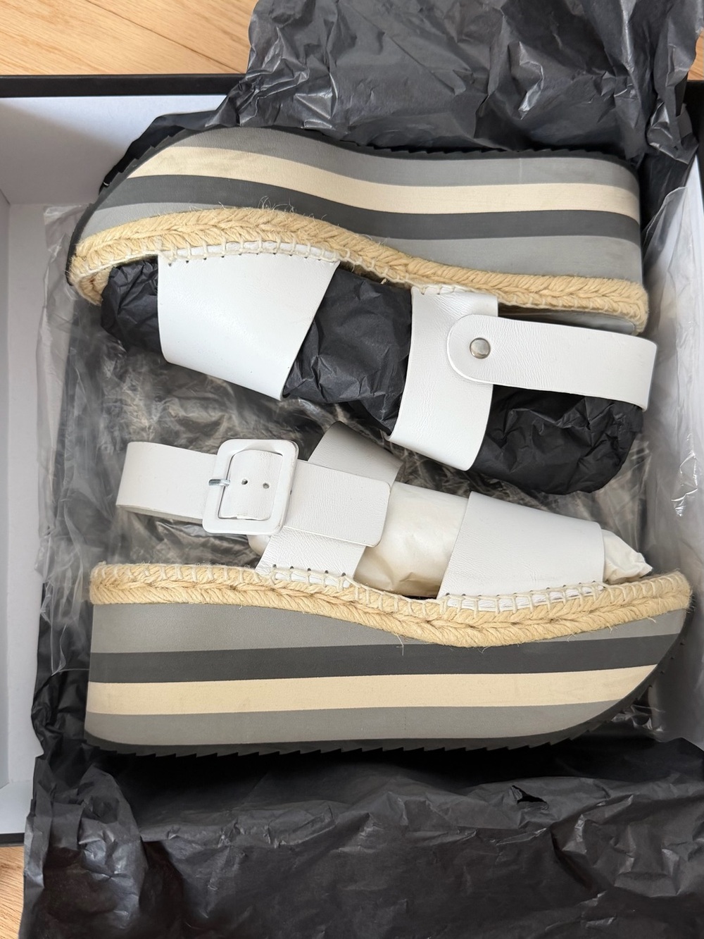 Paloma Barcelo White Leather Platform Espadrille Wedges with Striped Sole